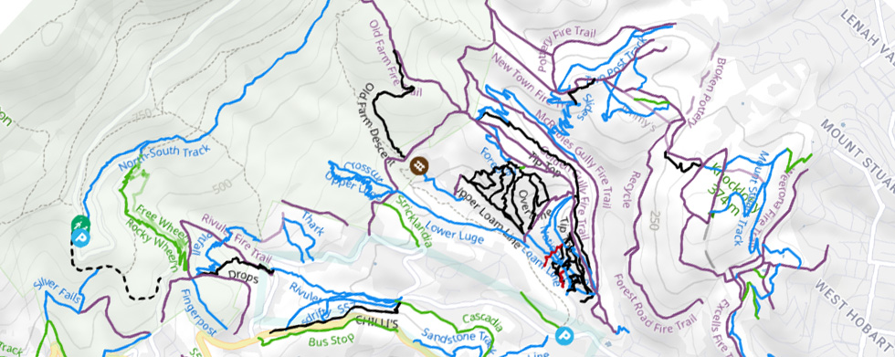 Map of South Hobart trails with Trailforks
